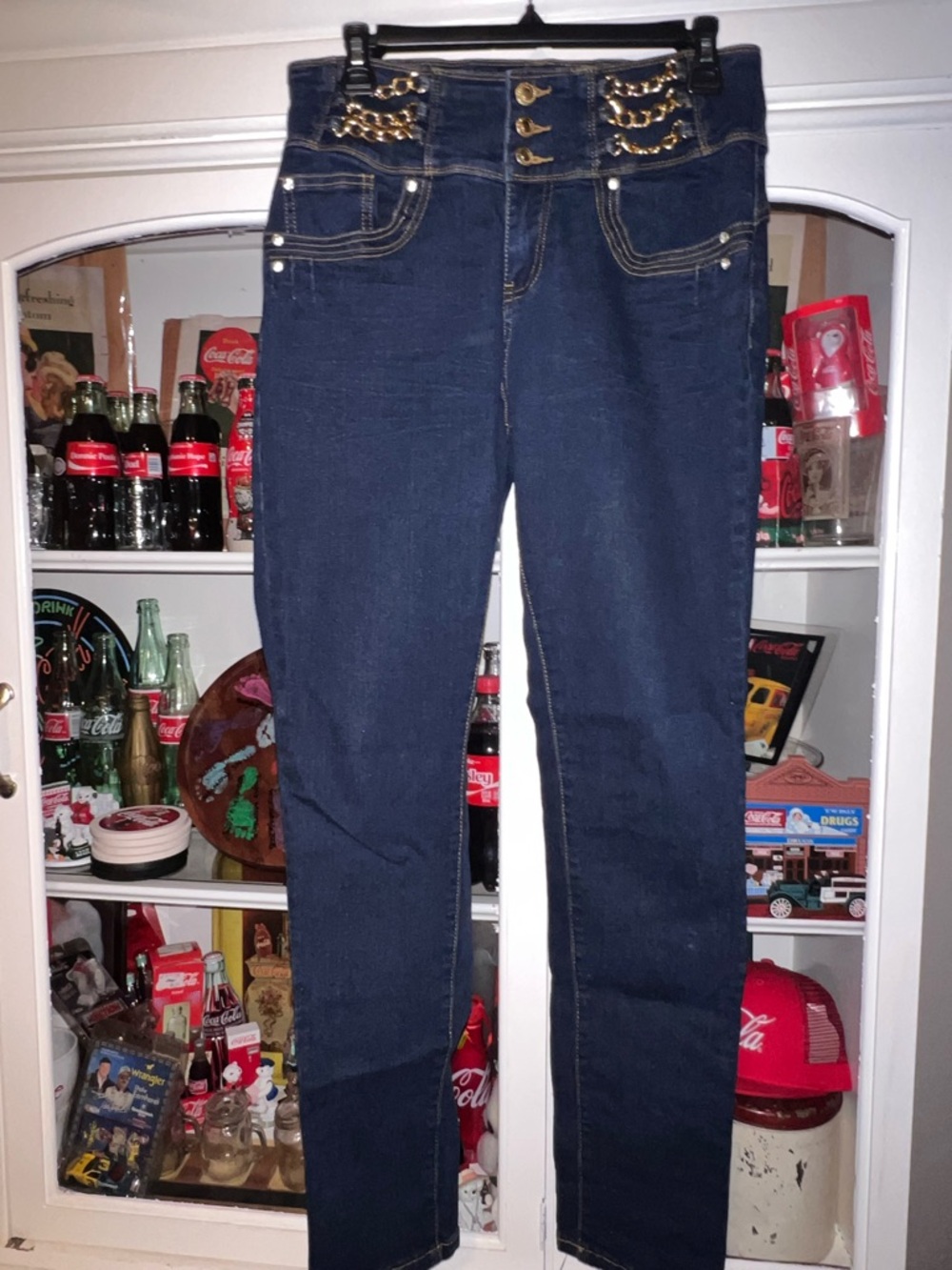 K Jordan Dark Blue Skinny Jeans with Gold Chain Accents